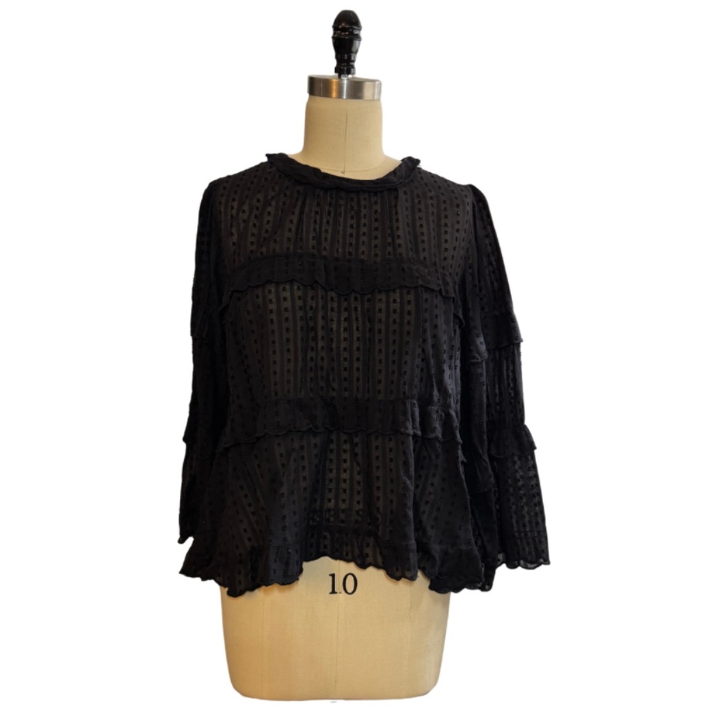 Isabel Marant Etoile Ykaria Ruffle Blouse Black Flocked Cotton Size 40 - Picture 3 of 8